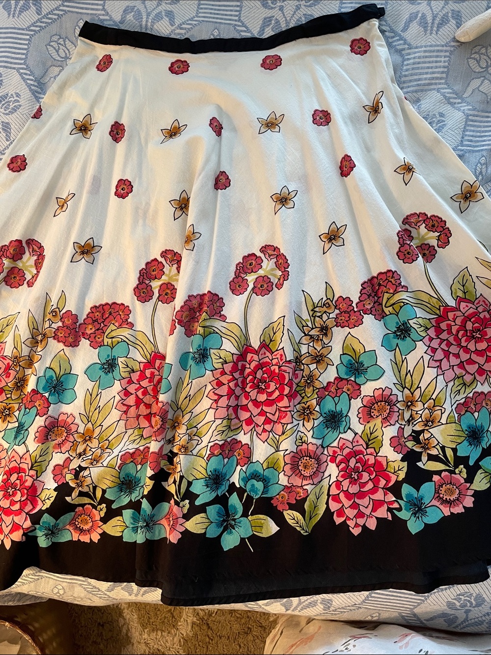 Colorful light weight Cotton Skirt in White with Pink & Teal Flowers